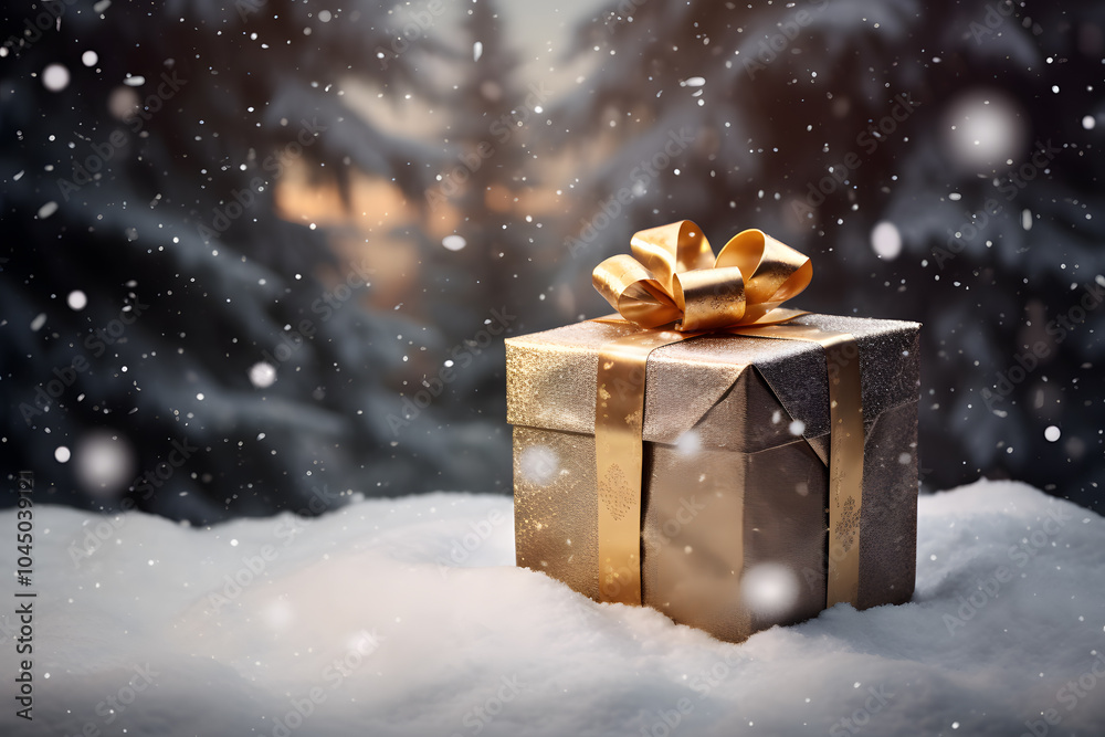 Golden gift on snowy background with copyspace Golden gift on snowy background with copyspace
