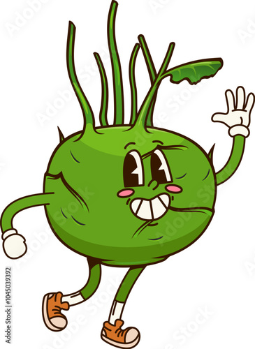 Groovy kohlrabi vegetable character with a cheerful expression and big, friendly eyes. Cartoon vector ripe cabbage veggie with green leafy tops. Fun and quirky healthy vitamin food retro personage