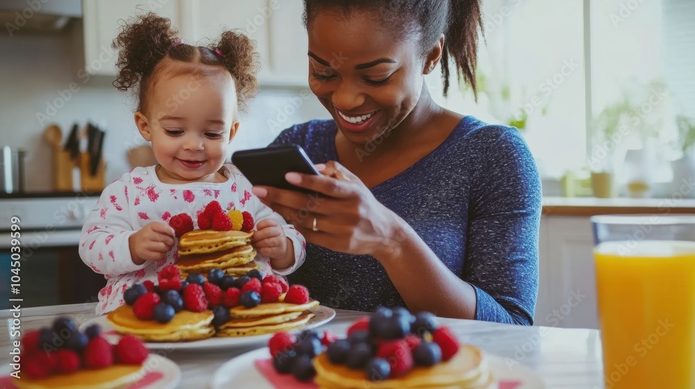 A joyful mother and daughter share breakfast with pancakes, berries, and juice, laughing together while looking at a phone in a cozy, sunlit kitchen.
