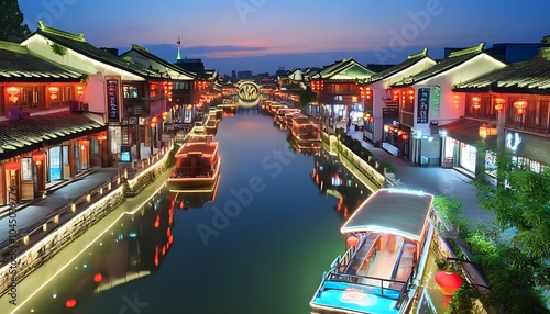 At night, Changde River Street lights up, exhibiting urban charm. photo