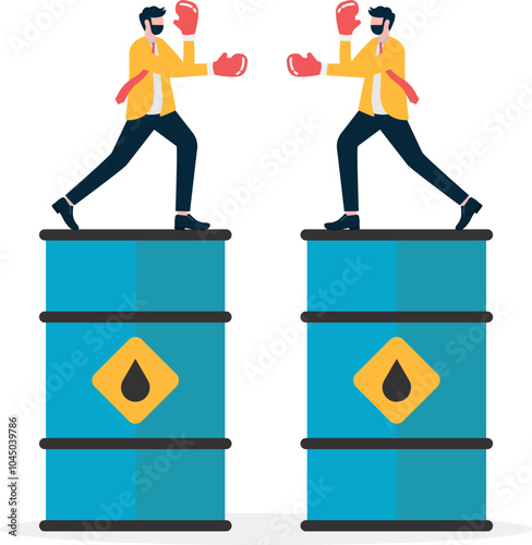 Oil war, crude oil war, scramble for crude oil, two businessmen with guns standing behind oil barrels and attacking each other

