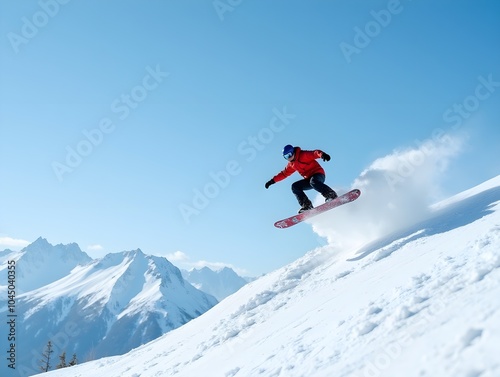 Flying snowboarder on mountains. Extreme sport