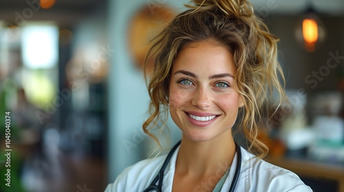 Portrait of a cheerful female pediatrician in a medical setting, showcasing her warm demeanor and dedication to children's health and well being.