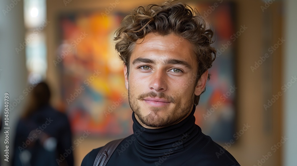 Fototapeta premium Professional male portrait in a sleek black turtleneck, set against a dynamic abstract backdrop, showcasing confidence and modern elegance in a contemporary setting.