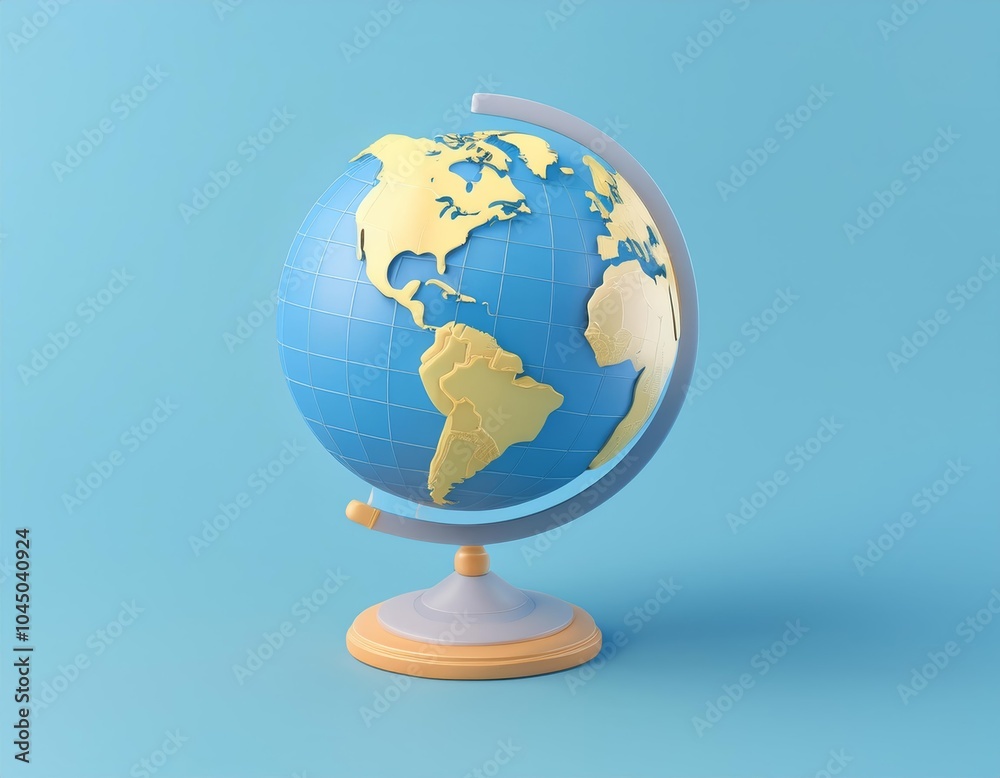 3D blue globe with a yellow landmass on a stand