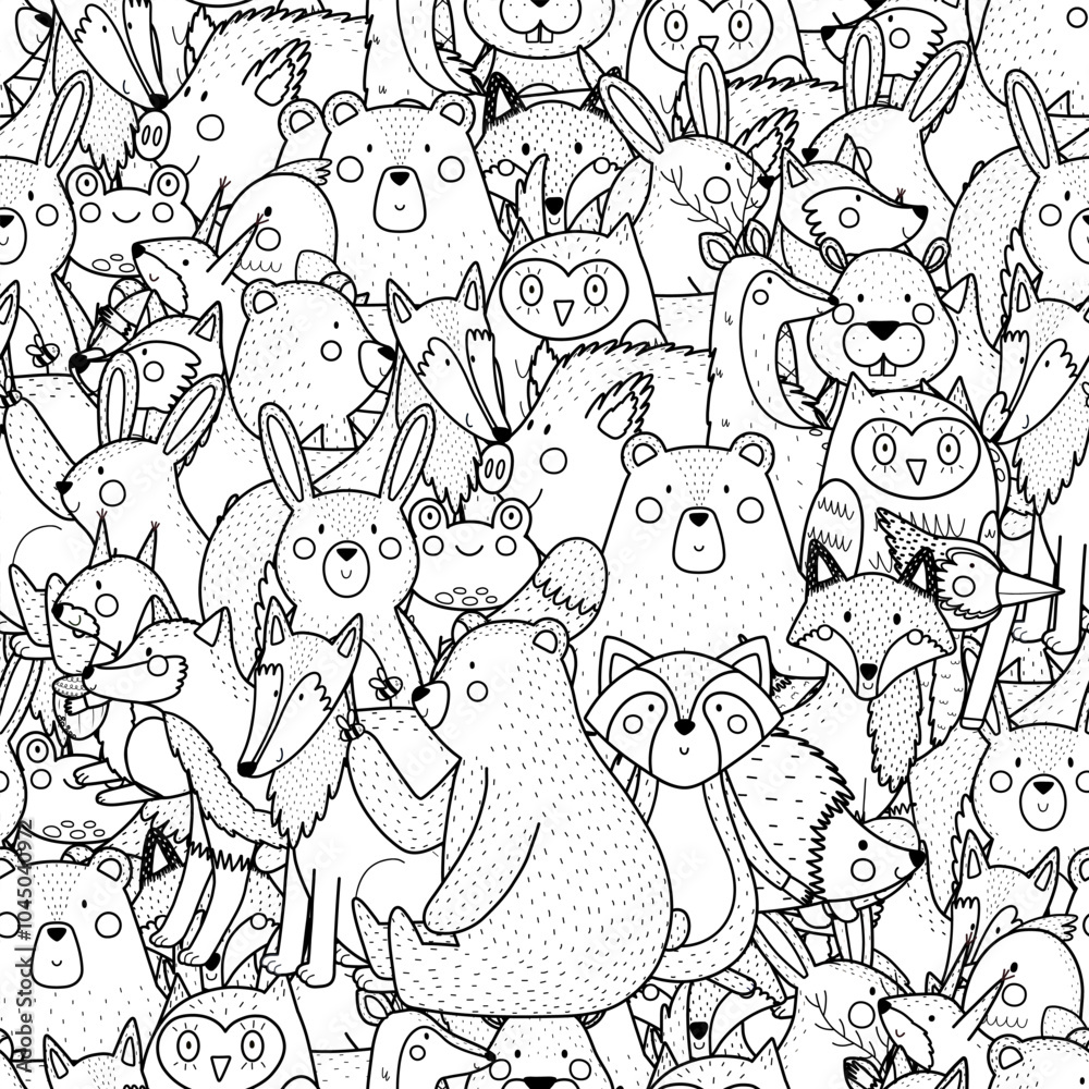 Obraz premium Cute forest animals black and white seamless pattern. Adorable woodland characters background for coloring book. Vector illustration