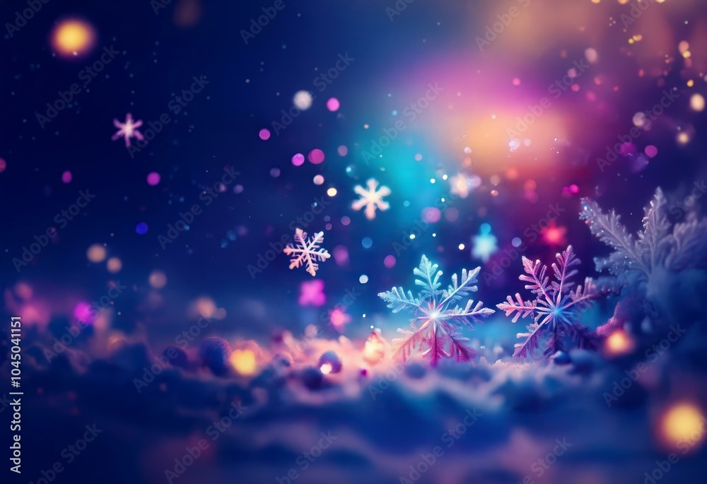 A snowy winter scene with bokeh lights, snowflakes and a blurred background.