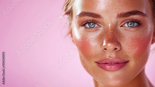 The close-up focuses on a woman's glowing complexion, accentuating natural freckles. Her serene expression is paired with a glossy touch against a pink background. photo