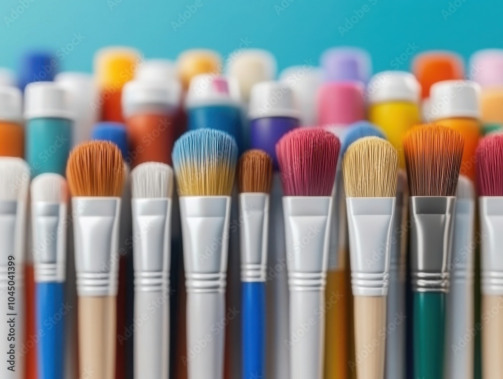 Fototapeta premium A vibrant collection of paintbrushes arranged in a colorful display, ideal for art projects and creative inspiration.