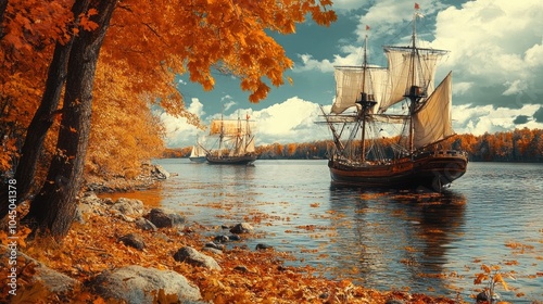 A serene autumn landscape with historical ships sailing on a colorful river.