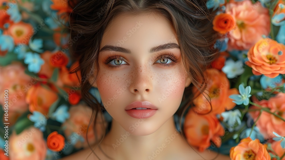 Elegant woman in a vibrant floral backdrop, showcasing her grace and beauty, surrounded by a burst of colorful blossoms, exuding confidence and charm.