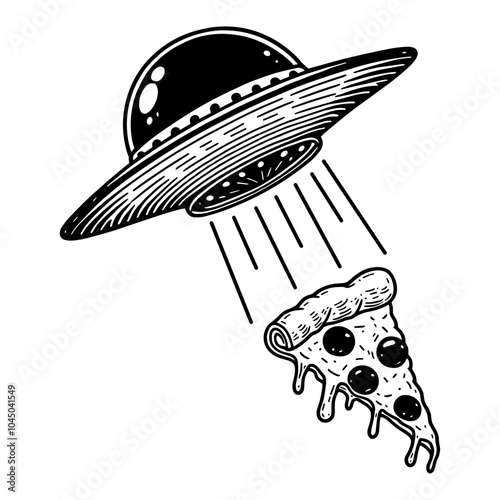 UFO beaming up a pizza slice funny illustration