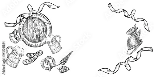 Beer festival banner black white vector isolated. Wooden barrel, tankard beer, pretzel monochrome illustration. German hat, ribbon, wheat ear hand drawn engrave. Board for Oktoberfest, St Patrick day.
