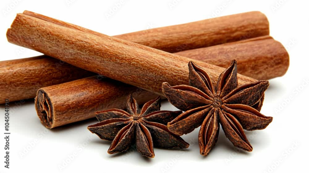 Three cinnamon sticks and two star anise are arranged on a white background Three cinnamon sticks and two star anise are arranged on a white background