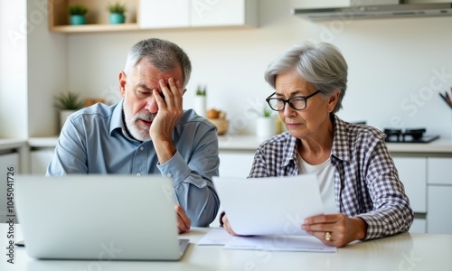 Senior couple worried about finances at home — Elderly man and woman, both with gray hair, sitting at the table, reviewing financial documents and working on a laptop, looking stressed and concerned.