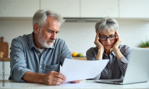 Concerned senior couple working on finances at home — Elderly man and woman sitting at the kitchen table, reviewing documents and using a laptop, displaying anxiety and concern over financial matters.