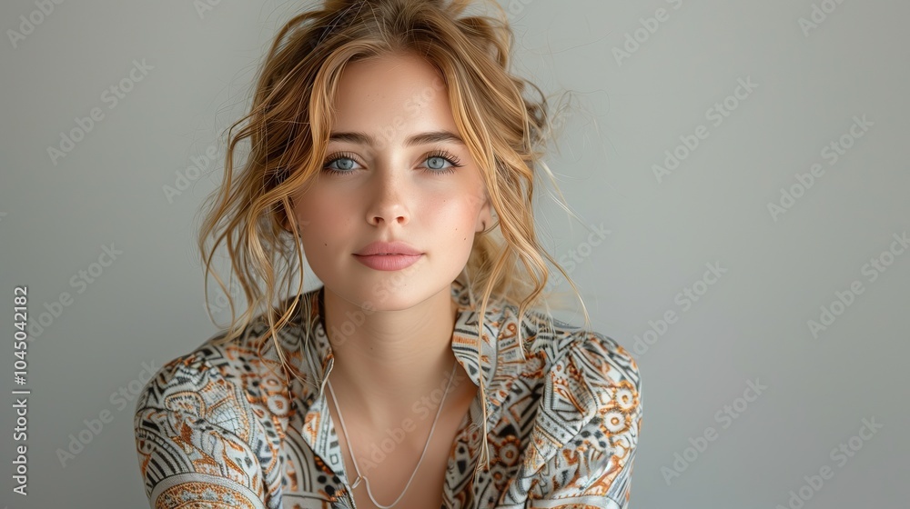 Elegant portrait of a young woman wearing a stylish patterned blouse, showcasing her confident expression and vibrant personality, perfect for editorial or promotional use Elegant portrait of a young woman wearing a stylish patterned blouse, showcasing her confident expression and vibrant personality, perfect for editorial or promotional use