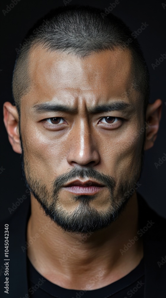 Obraz premium 短い髪とひげを持つ決意に満ちた男性の強い表情