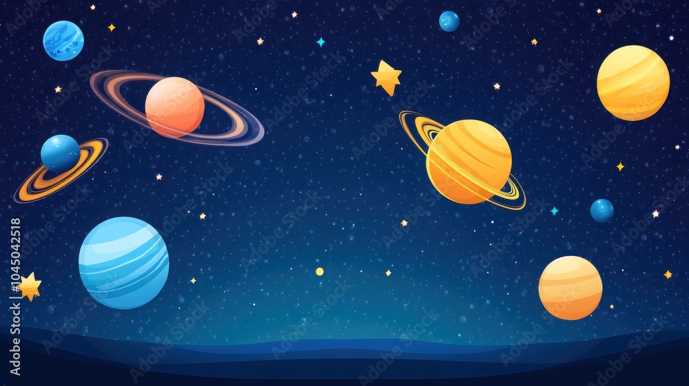 Naklejka premium A vibrant illustration featuring various planets and stars against a dark cosmic background, perfect for educational or decorative use.