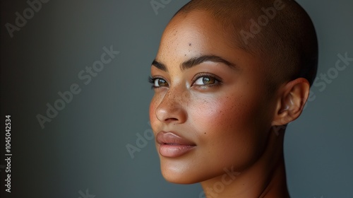 Calm Elegance, A tranquil portrait of a bald woman exuding grace and confidence, her serene expression highlighted by soft, warm tones against a minimalist background.