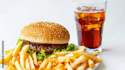 Delicious close up of hamburger with sesame seed bun, crispy french fries, and refreshing drink, perfect for satisfying meal