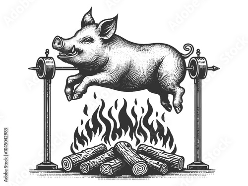 pig roasting on a spit over an open flame, featuring classic tattoo-style linework and detail sketch engraving generative ai vector illustration. Scratch board imitation. Black and white image.