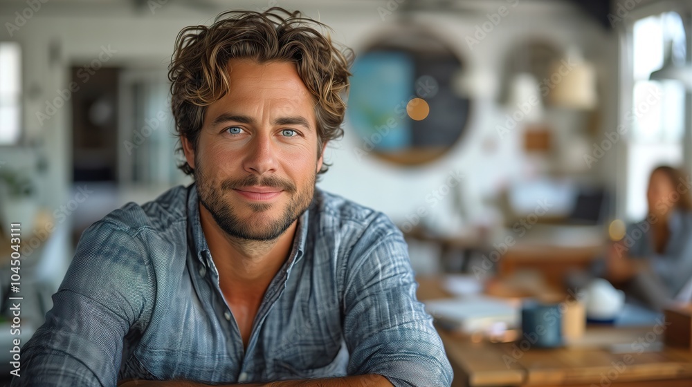 Obraz premium Modern office setting, young professional man casually leaning against a desk, well lit workspace, contemporary furnishings, focused atmosphere, engaged in thought or conversation.