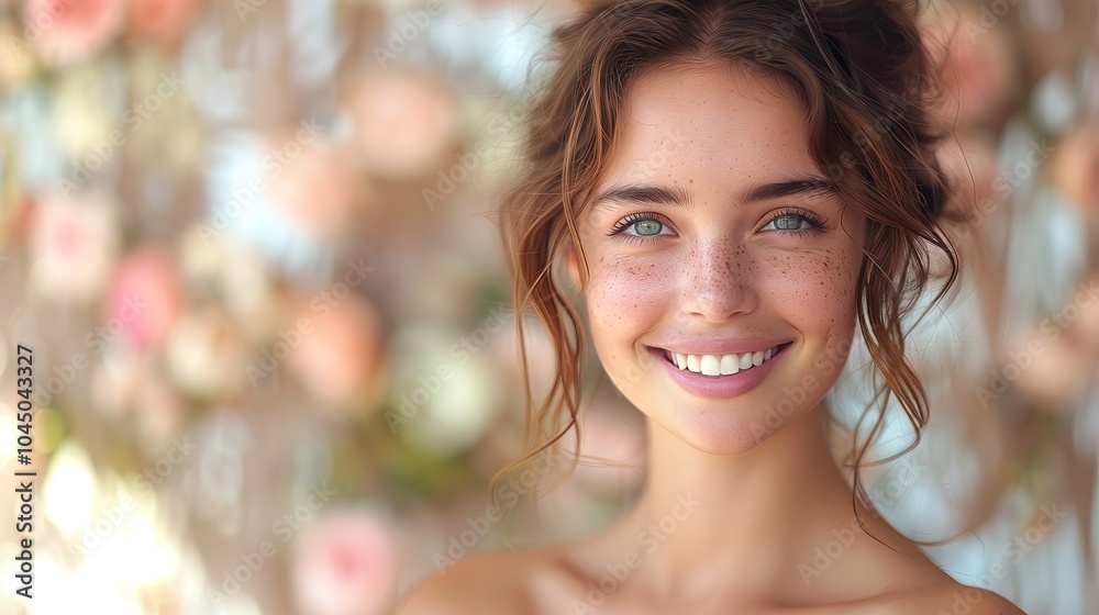 Obraz premium Radiant Young Woman with Dewy Complexion and Genuine Smile Set Against a Soft, Gentle Background