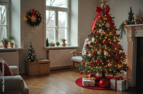 cozy living room decorated for christmas and new year with christmas tree and gift boxes