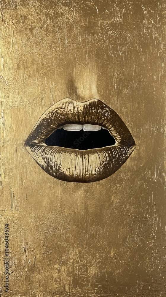 Golden lips isolated. Open mouth on a clean gold panel Golden lips isolated. Open mouth on a clean gold panel