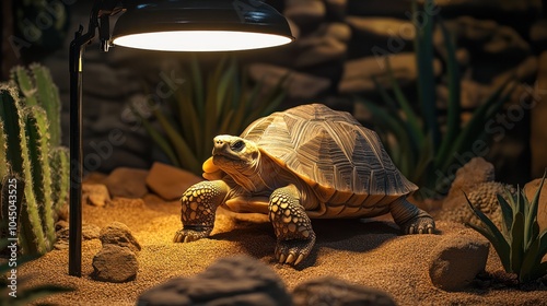 A tortoise slowly exploring its enclosure, basking under a heat lamp in a realistic desert environment photo