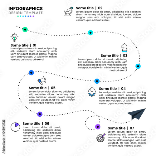 Infographic template. Timeline with paper plane and 7 steps