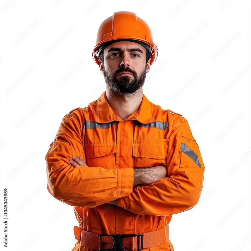 Industrial worker in an orange uniform and helmet crossed arms construction. Industrial worker in an orange uniform and helmet crossed arms construction.
