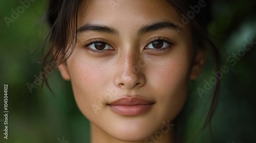 ファッションやスキンケアのための、ほのかなそばかすと柔らかな照明が特徴のナチュラルビューティーポートレート