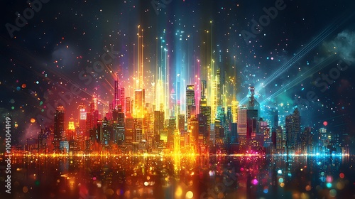 Colorful Abstract City Skyline with Cultural Influences