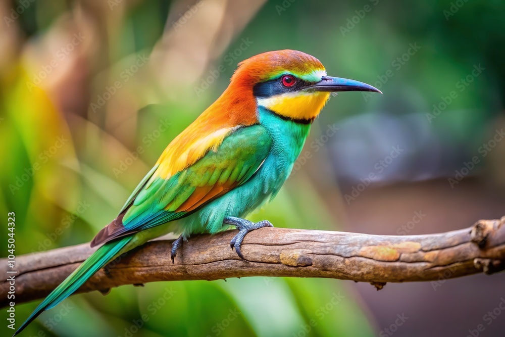 Obraz premium Vibrant Green Plumaged Bird Perched on Leafless Twig in Zoo Setting with Natural Background and Copy Space for Wildlife Photography