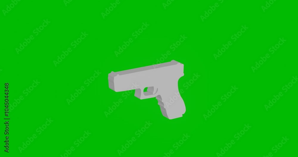 Animation of rotation of a white gun symbol with shadow. Simple and complex rotation. Seamless looped 4k animation on green chroma key background Animation of rotation of a white gun symbol with shadow. Simple and complex rotation. Seamless looped 4k animation on green chroma key background