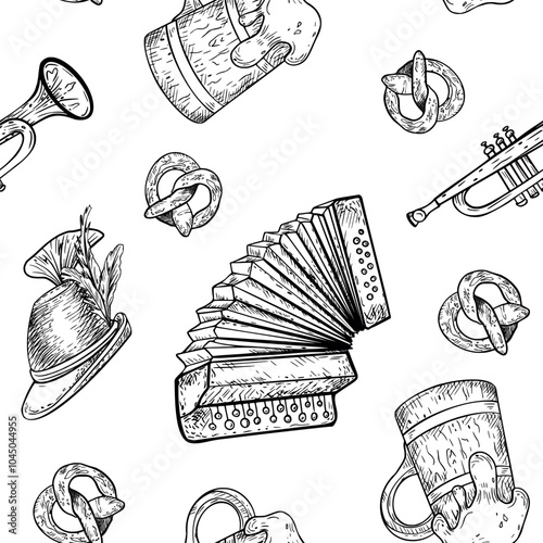 Oktoberfest vector black white seamless pattern isolated. Accordion, trumpet, wooden beer barrel, German hat and pretzel painted engraving. Beer festival on repeated background for design paper.