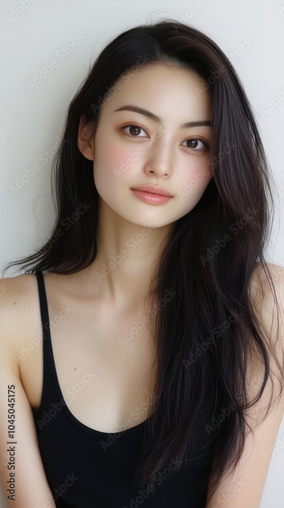 Fototapeta premium 長い黒髪と黒いトップスを着た女性のポートレート
