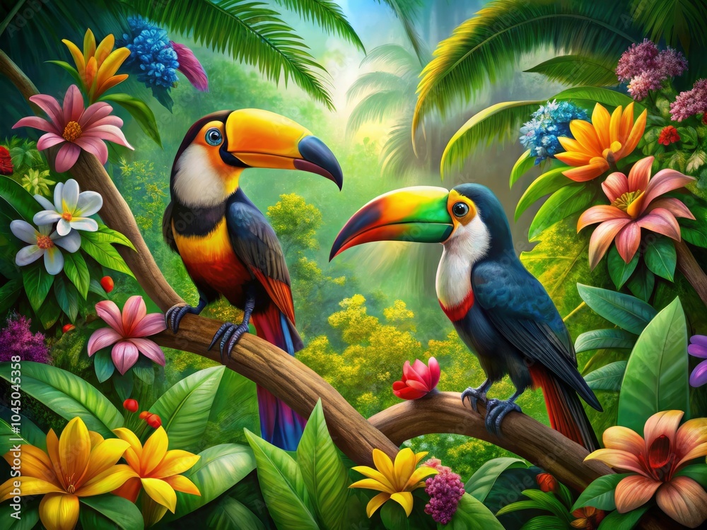 Fototapeta premium Vibrant Tropical Rainforest with Toucans: A Macro Photography Exploration of Exotic Wildlife and Lush Flora in a Biodiverse Habitat