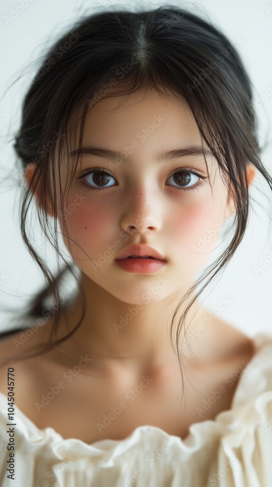 Naklejka premium 柔らかな顔立ちと自然な美しさを持つ若い女性のポートレート