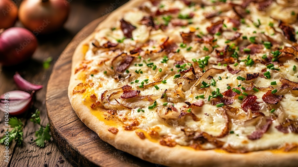 Close-up of a delicious Flammkuchen with crispy bacon and onions Close-up of a delicious Flammkuchen with crispy bacon and onions