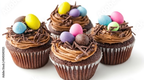 Easter cupcakes with chocolate nests and mini candy eggs, perfect for the holiday, isolated on white background