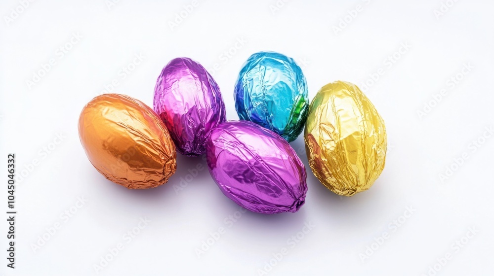 Easter egg-shaped chocolate candies wrapped in colorful foil, isolated on white background Easter egg-shaped chocolate candies wrapped in colorful foil, isolated on white background