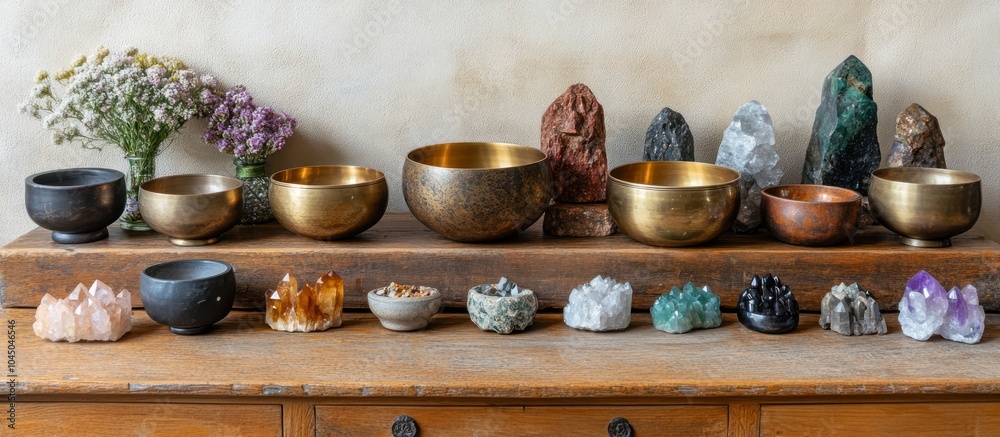 A row of singing bowls and crystals arranged on a wooden shelf. A row of singing bowls and crystals arranged on a wooden shelf.