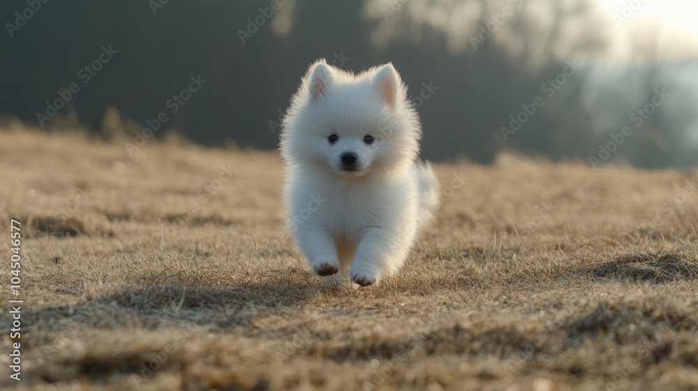 Fototapeta premium Playful Puppy Running on Dry Grass