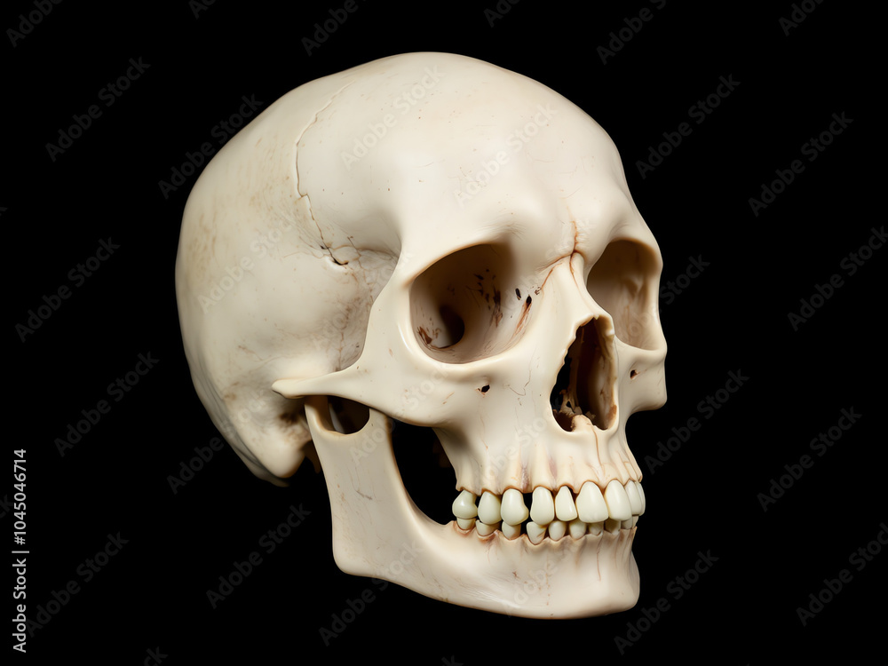 A human skull displayed prominently against a stark black background, emphasizing its intricate details and contours A human skull displayed prominently against a stark black background, emphasizing its intricate details and contours