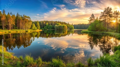 Small lake at the edge of the forest at sunset created with Panoramic