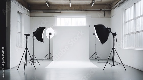 A studio set up with a white backdrop and two lights with soft boxes.