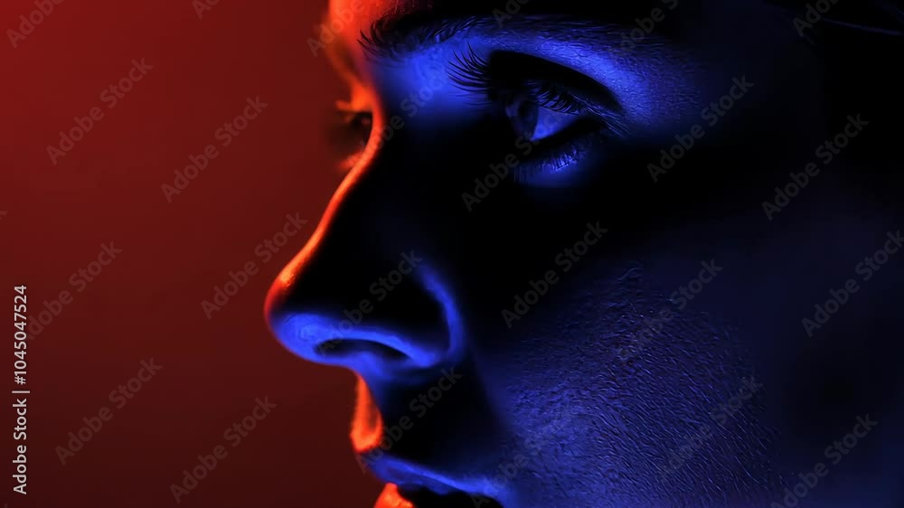 Intense profile portrait in blue red lighting